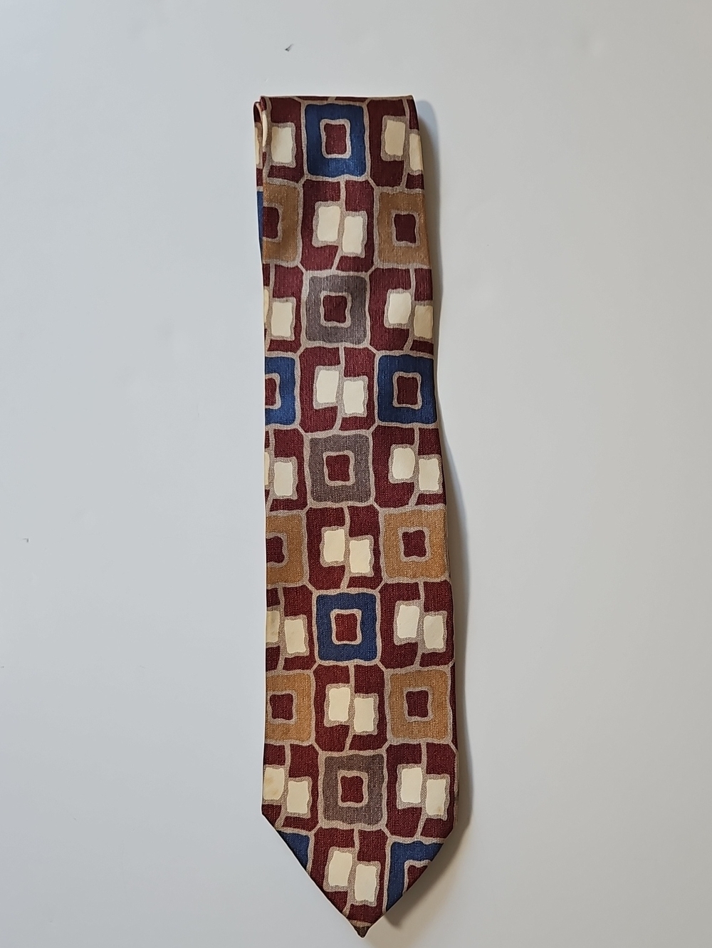 100% Silk Tie Handmade Brown Blue Geo Print Paul Steketee Clothiers